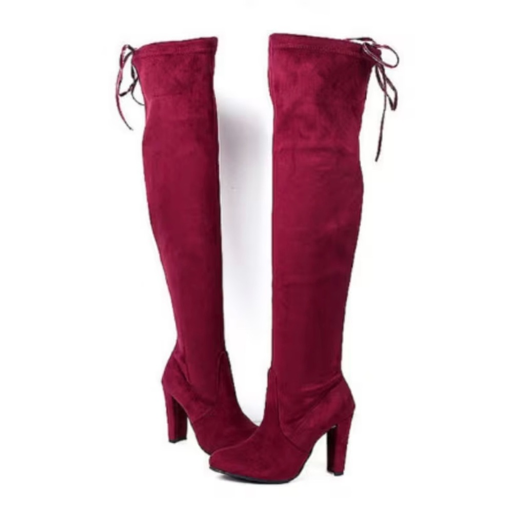 SOLD Over The Knee Burgundy Faux Suede Heeled Boots Size 8